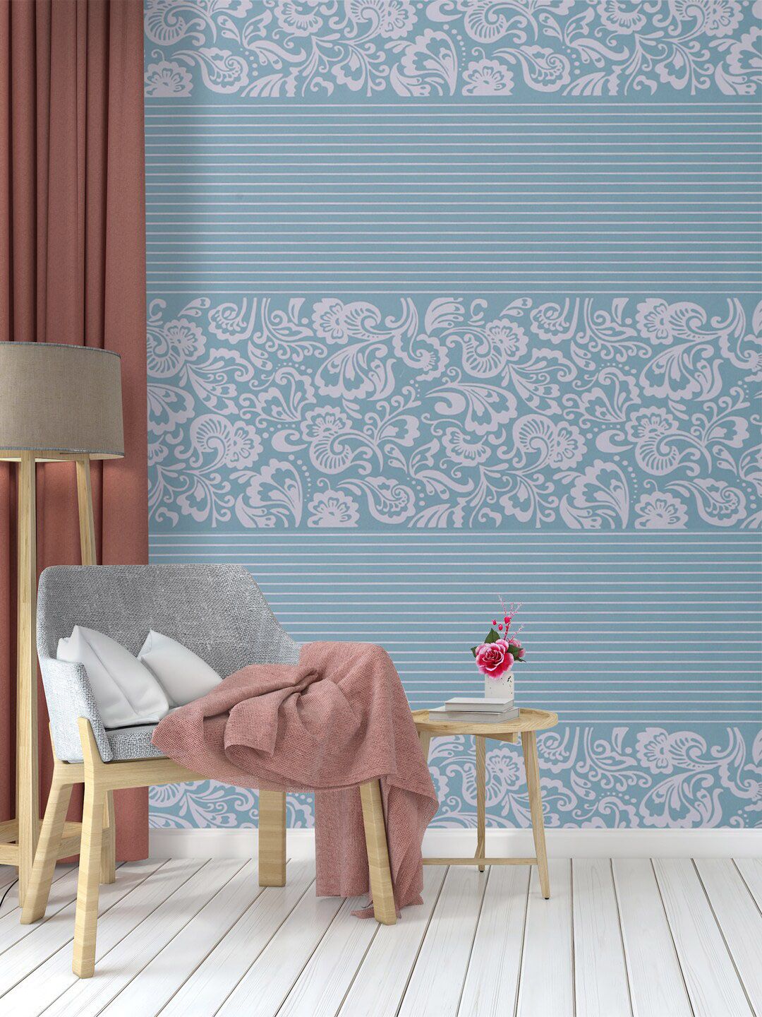 Rubix Home Blue & White Floral Printed Wallpaper Price in India