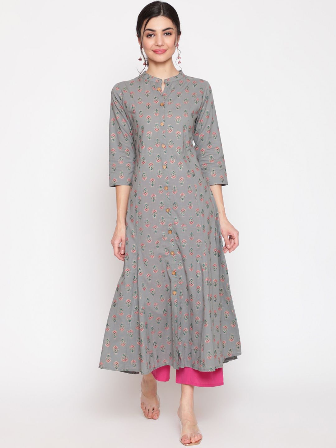 WOMENCLICK Women Grey Checked Keyhole Neck Thread Work Floral Anarkali Kurta Price in India