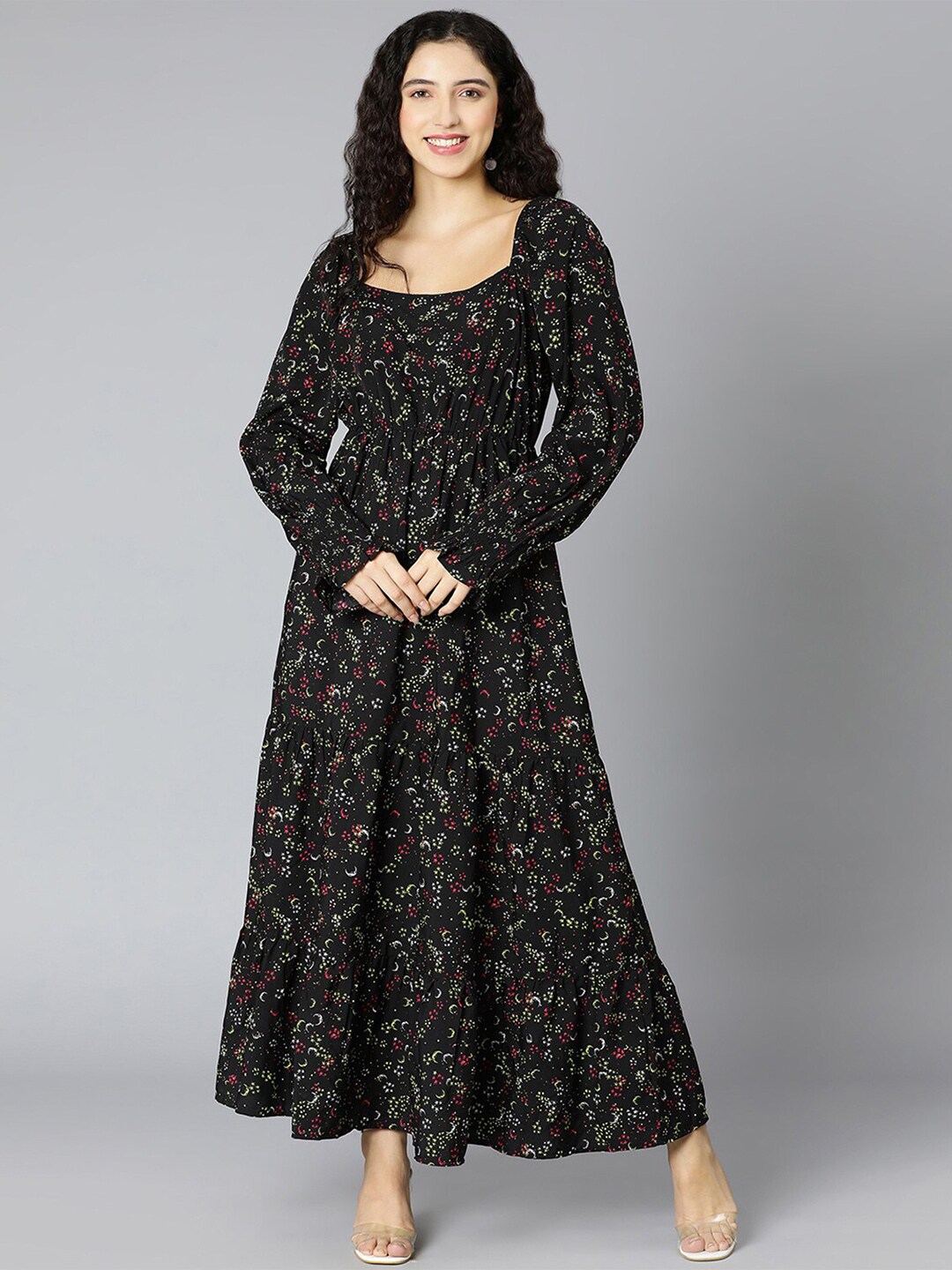 Oxolloxo Black Floral Satin Maxi Dress Price in India