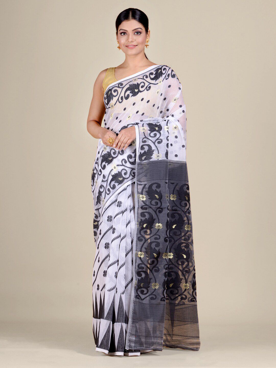 Mitera White & Black Floral Silk Cotton Fusion Jamdani Saree Price in India