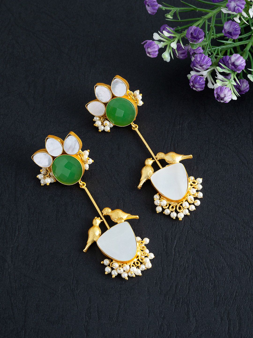 Golden Peacock Green & Gold-Toned Onyx Stone Studded Contemporary Drop Earrings Price in India