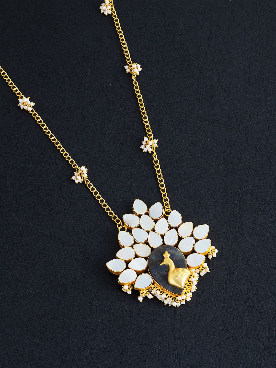 Golden Peacock Gold-Toned White Stones & Pearls Beads Necklace Price in India