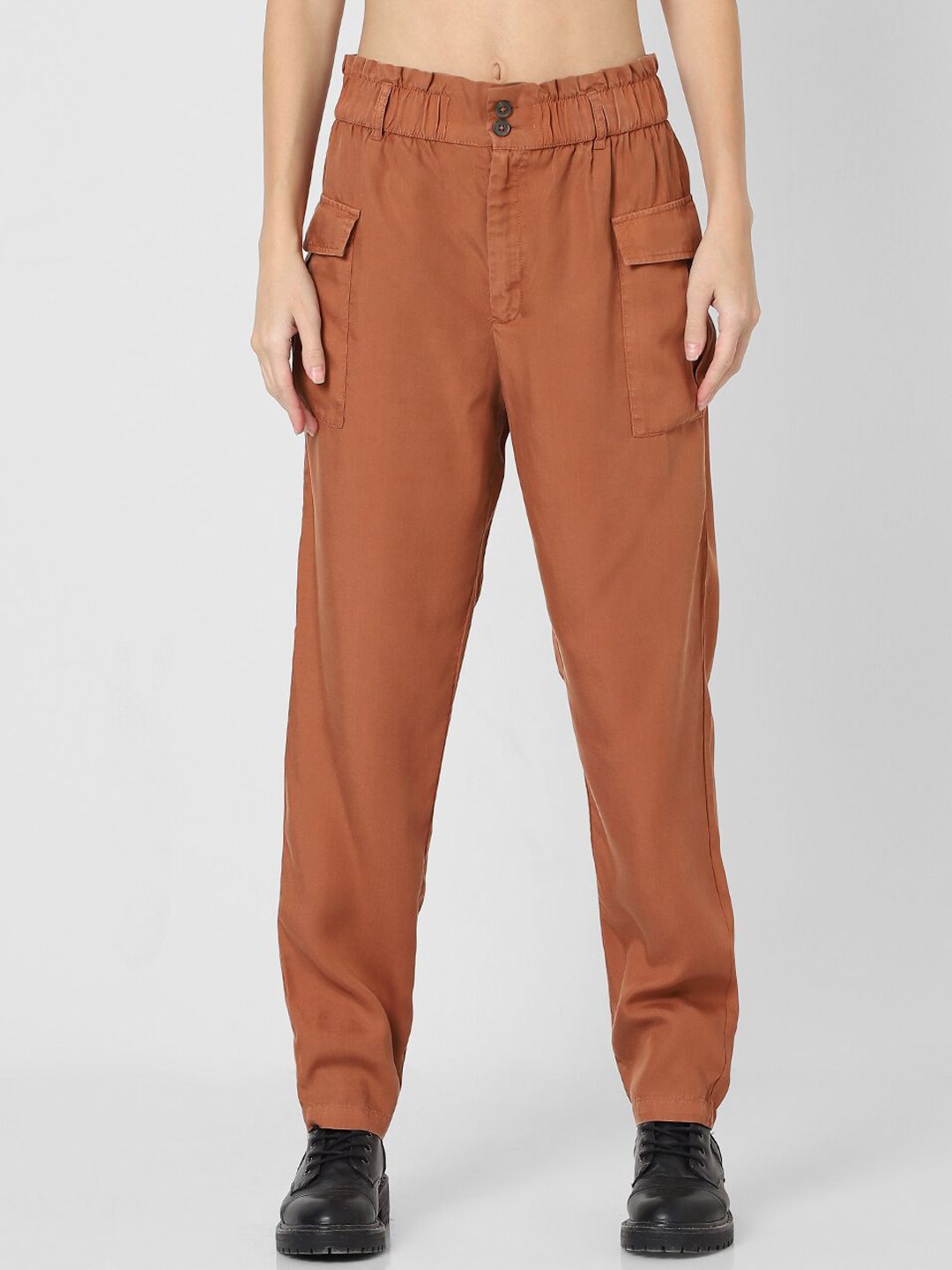 ONLY Women Brown High-Rise Pleated Trousers Price in India