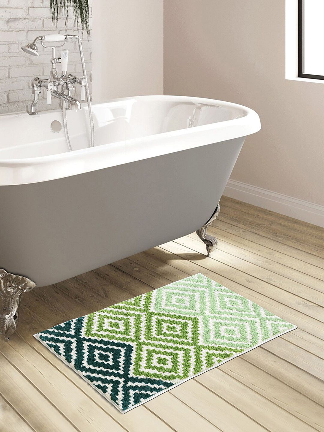 OBSESSIONS Green Abstract Patterned Anti-Skid 1800 GSM Bath Rugs Price in India