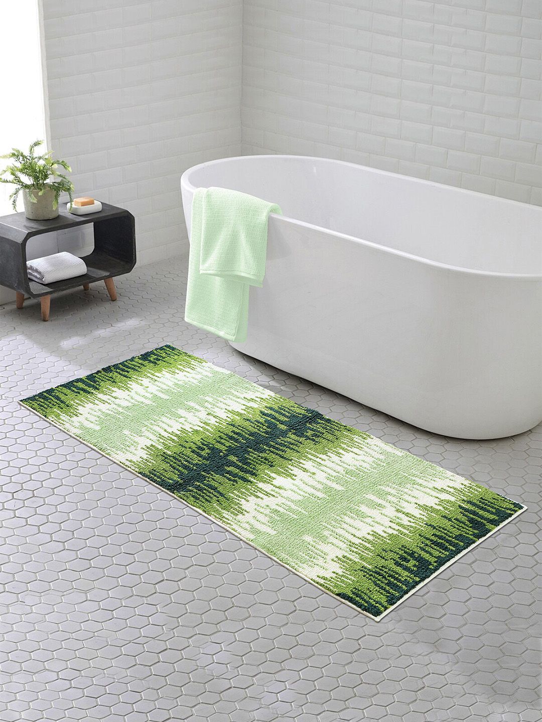 OBSESSIONS Green & White Abstract Anti-Skid 1800GSM Bath Rug Price in India