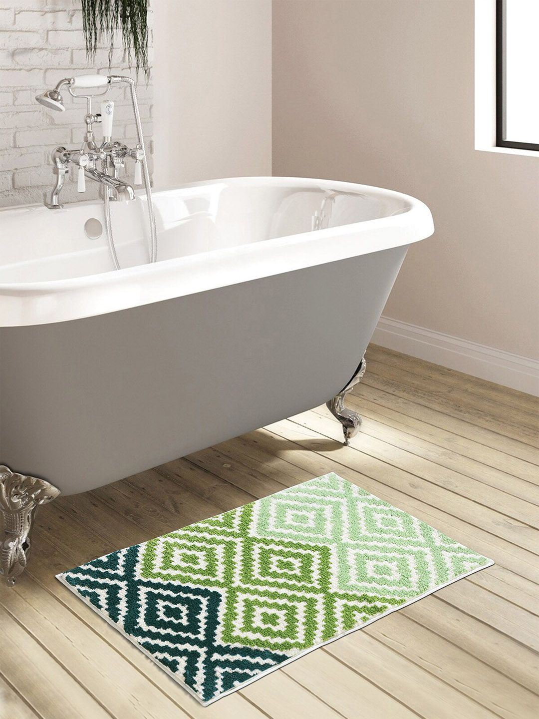 OBSESSIONS Green & White Abstract 1800 GSM Anti-Skid Polyester Bath Mat Price in India