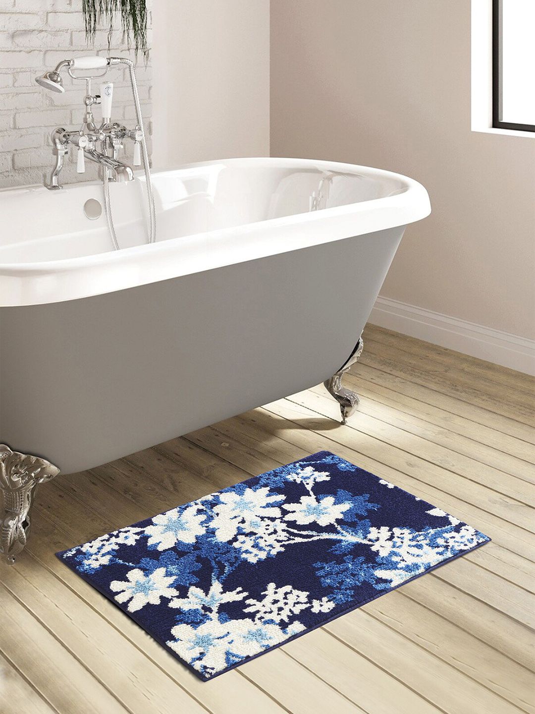 OBSESSIONS Blue & White Anti-Skid 1800 GSM Bath Rug Price in India