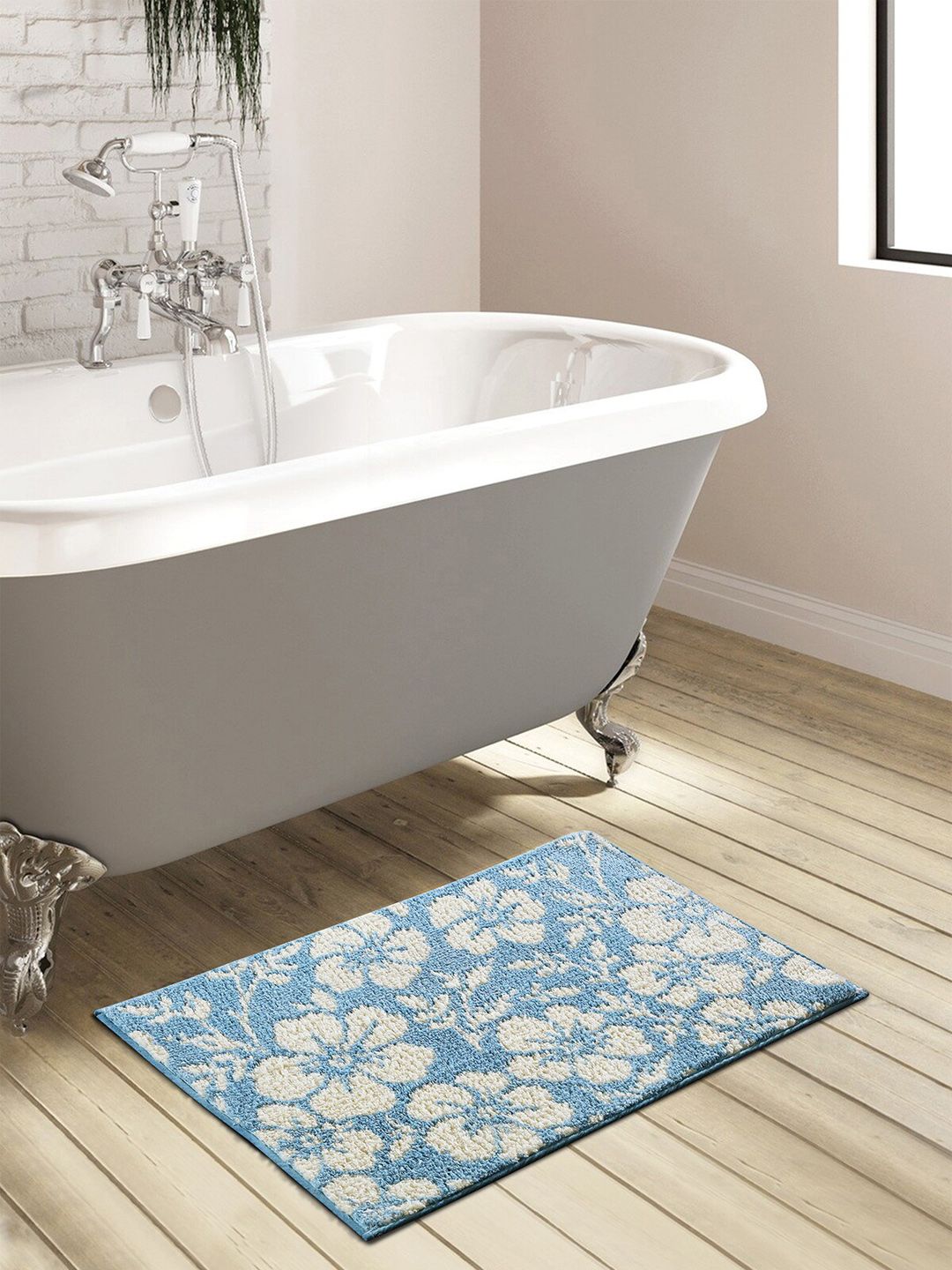 OBSESSIONS Blue & Beige 1800 GSM Anti-Skid Bath Rug Price in India