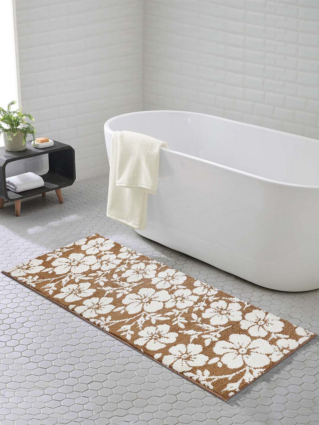 OBSESSIONS Camel Brown & White Floral Anti-Skid 1800GSM Bath Rug Price in India