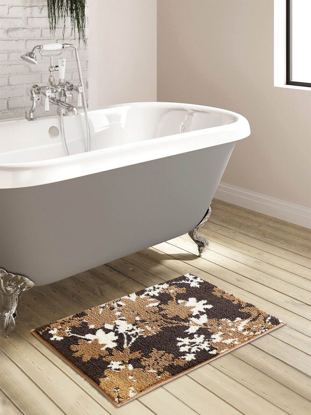 OBSESSIONS Brown & White Anti-Skid Bath Rug Price in India