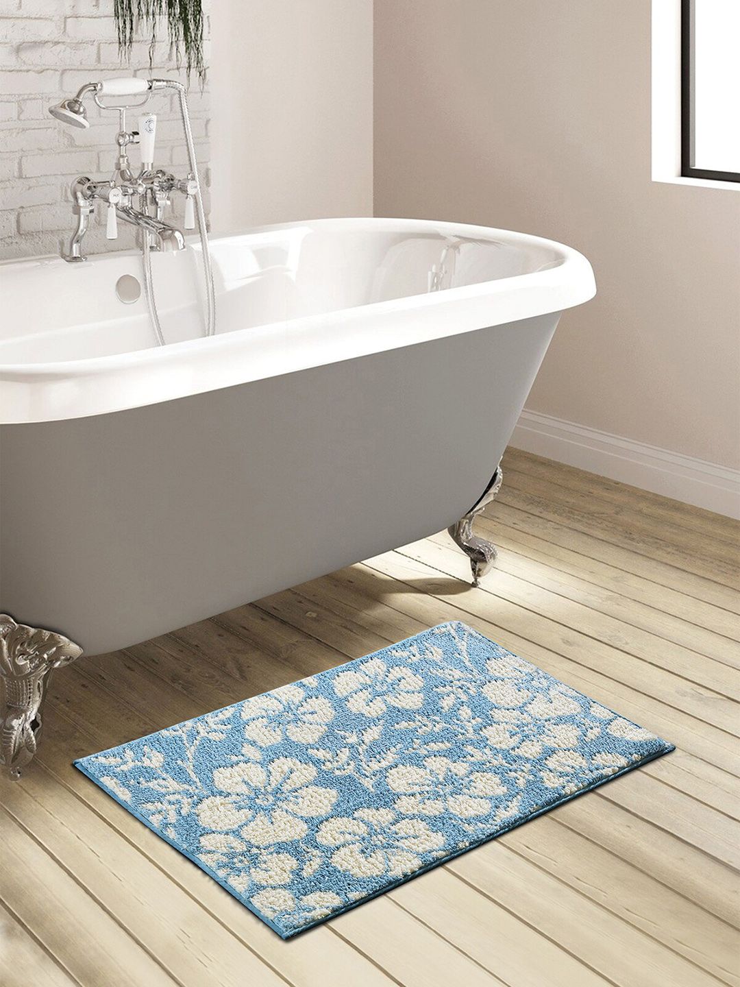 Obsessions Blue Floral Anti-Skid Bath Mat Price in India