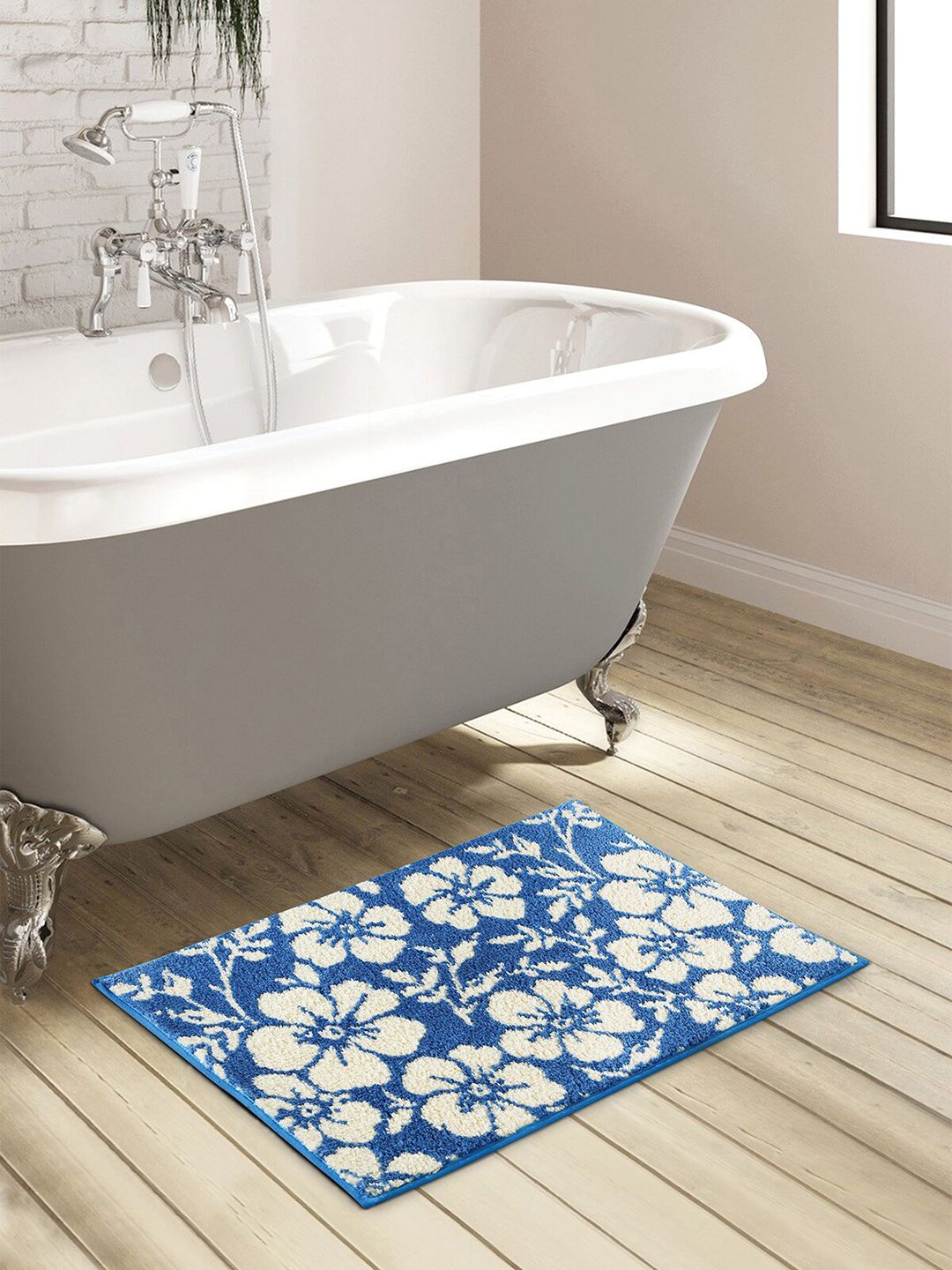 Obsessions Blue Floral Anti-Skid Bath Mat Price in India