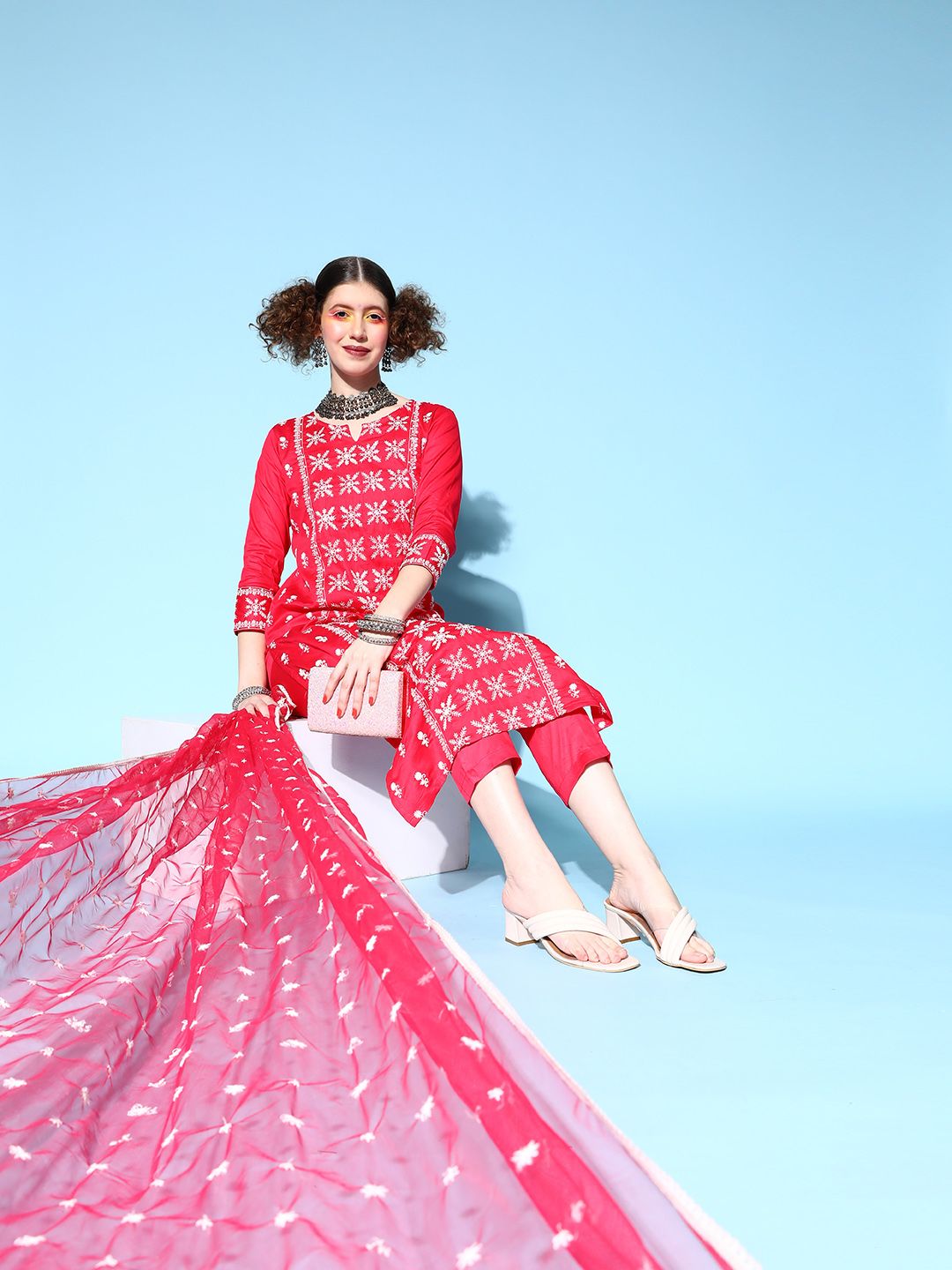 Tikhi Imli Women Red Pure Cotton Ethereal Embroidery Kurta Set