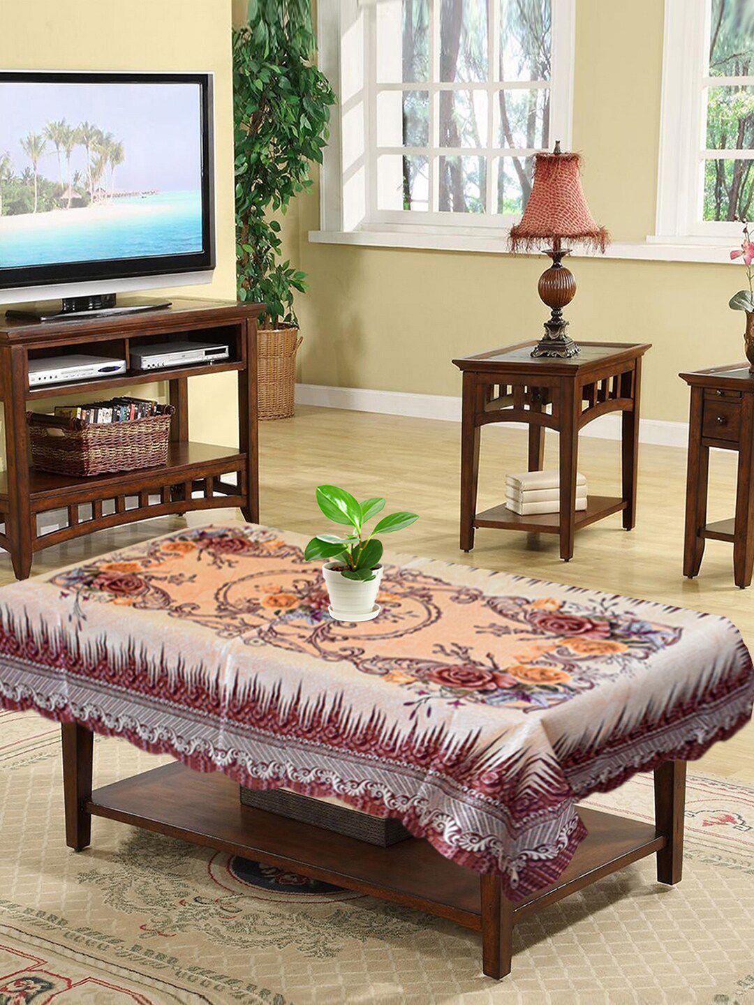 Kuber Industries Cream & Maroon Floral Printed 4 Seater Rectangle Table Cover Price in India