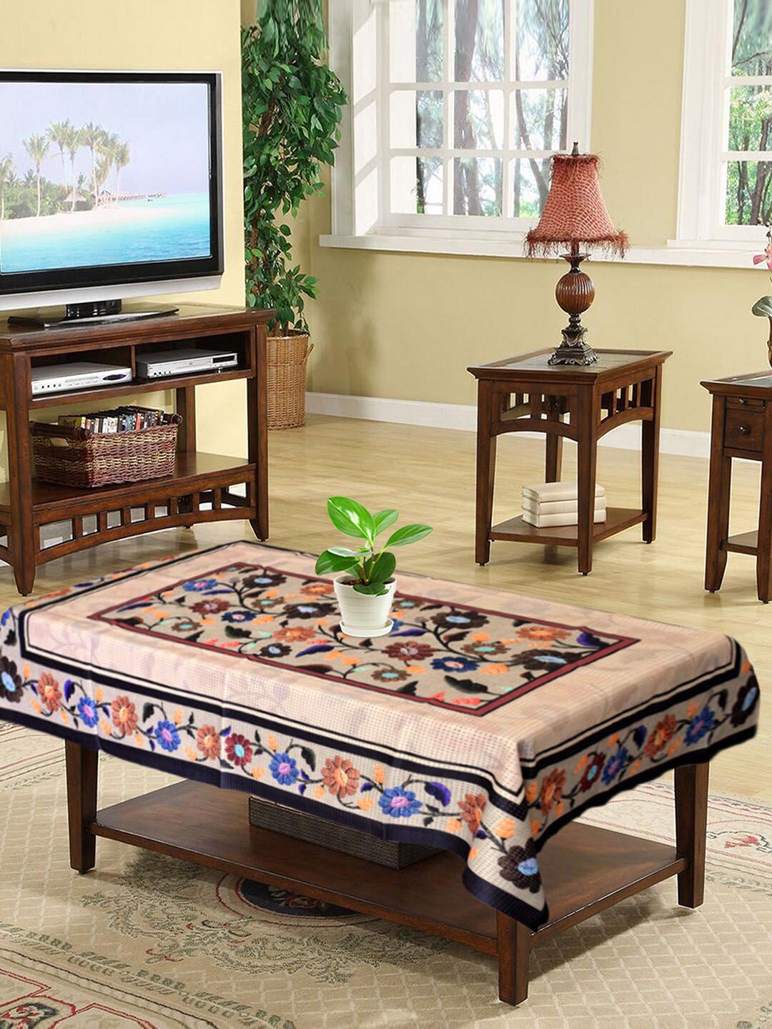Kuber Industries Sand Brown & Red Floral Printed 4 Seater Cotton Table Covers
