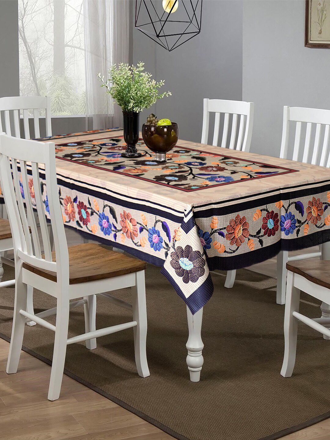 Kuber Industries  Brown & Black Floral Printed 6-Seater Cotton Table Covers Price in India