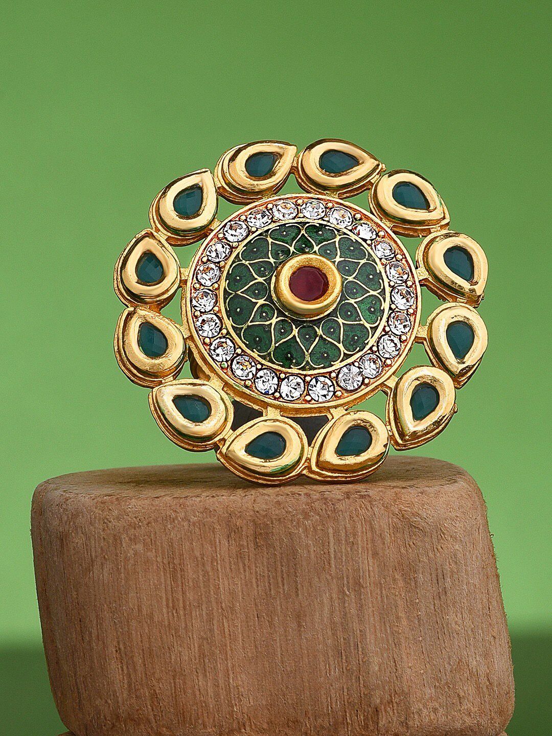 Zaveri Pearls Gold-Plated Green & White Kundan Studded Meenakari Adjustable Finger Ring Price in India