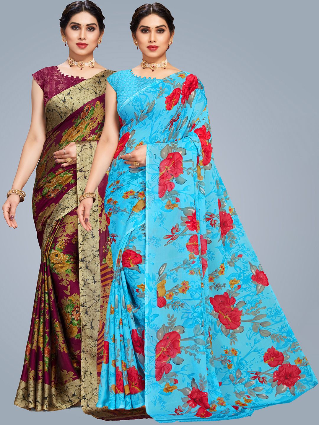 MS RETAIL Coffee Brown & Blue Floral Saree Price in India