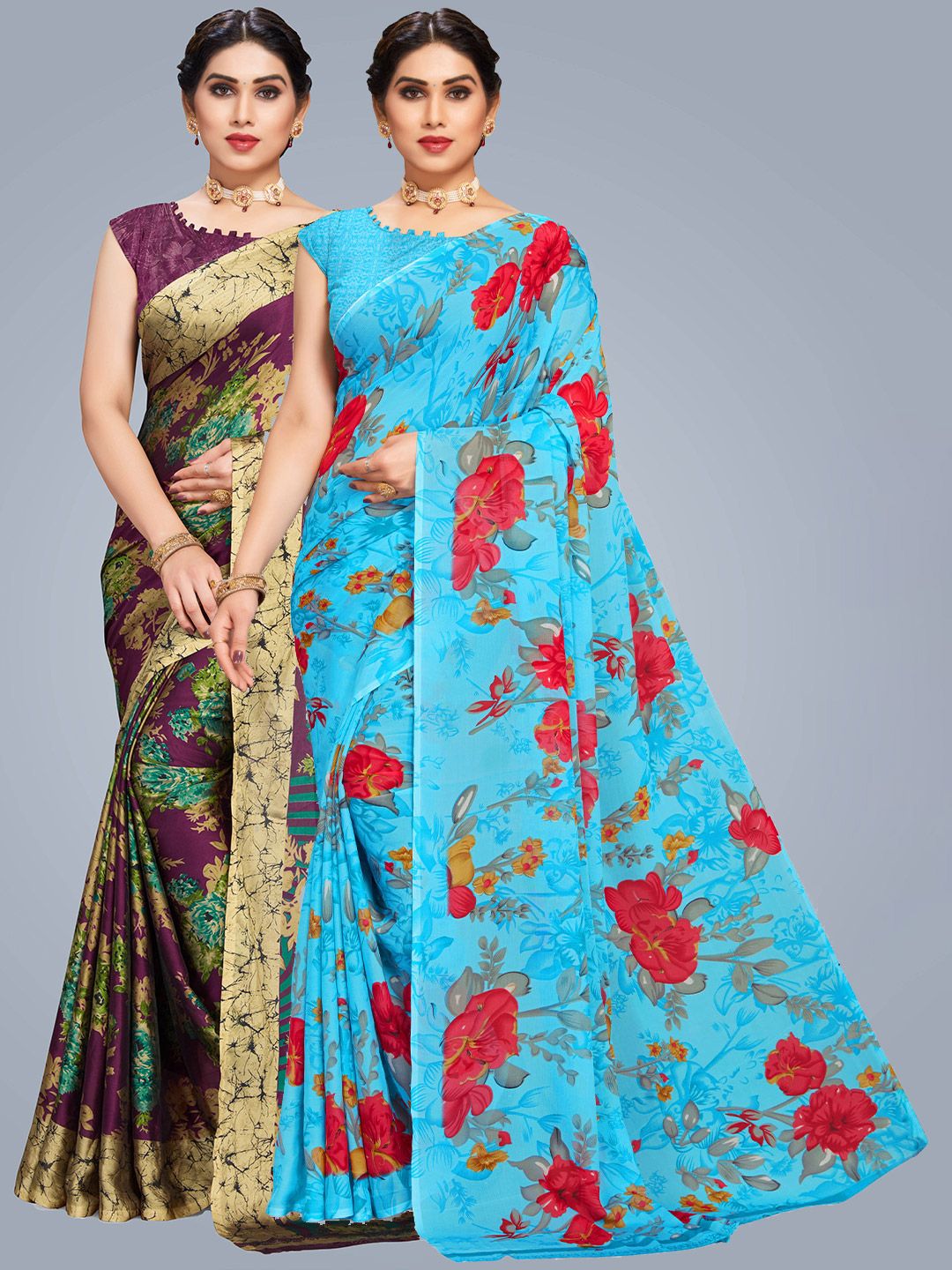 MS RETAIL Blue & Red Floral Saree Price in India