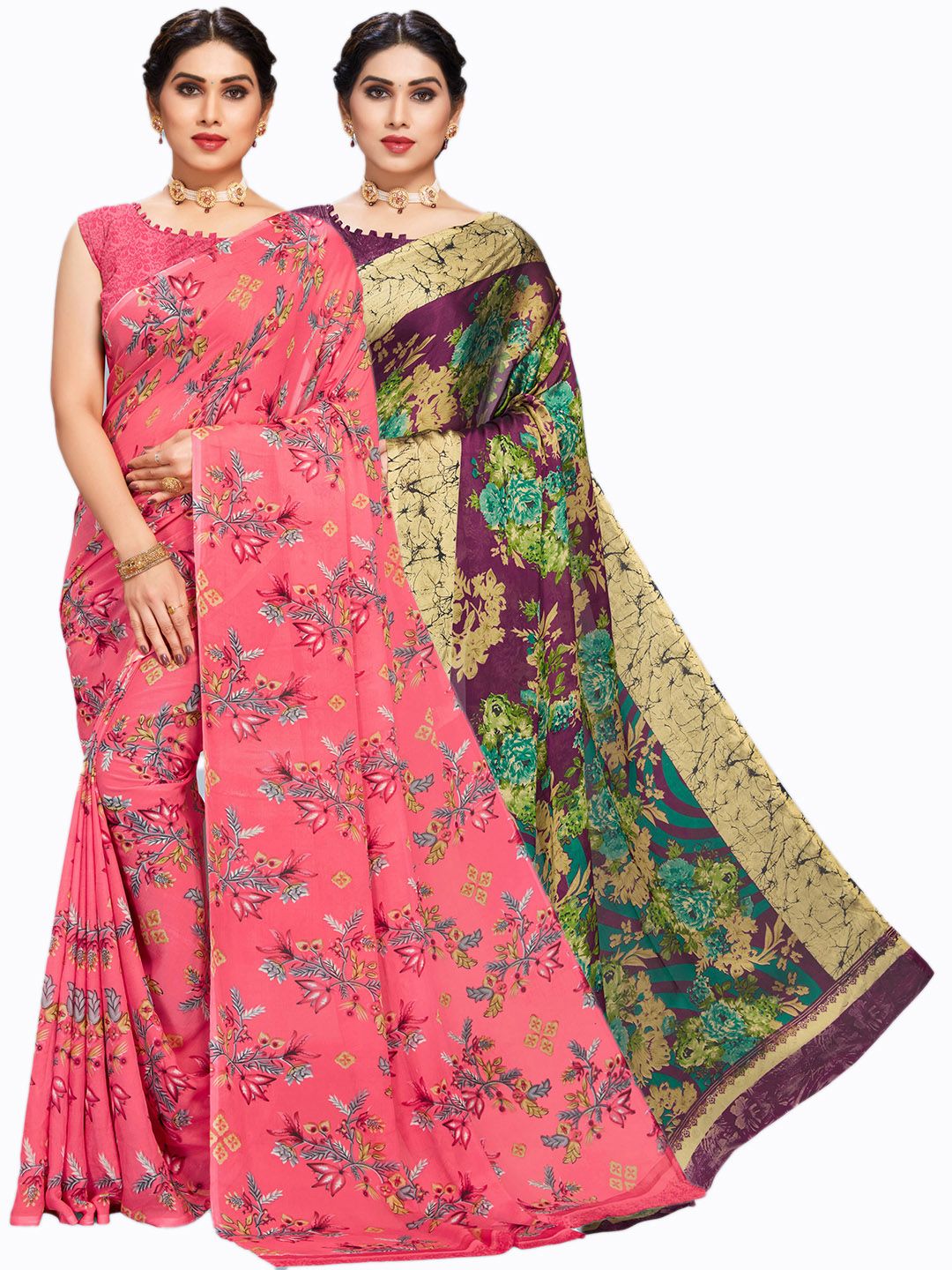 MS RETAIL Green & Pink Floral Saree Price in India