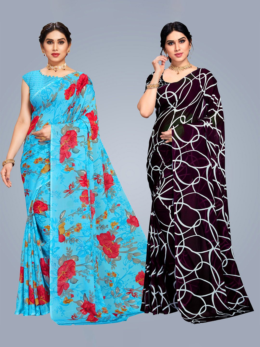 MS RETAIL Blue & Red Floral Pure Georgette Saree Price in India