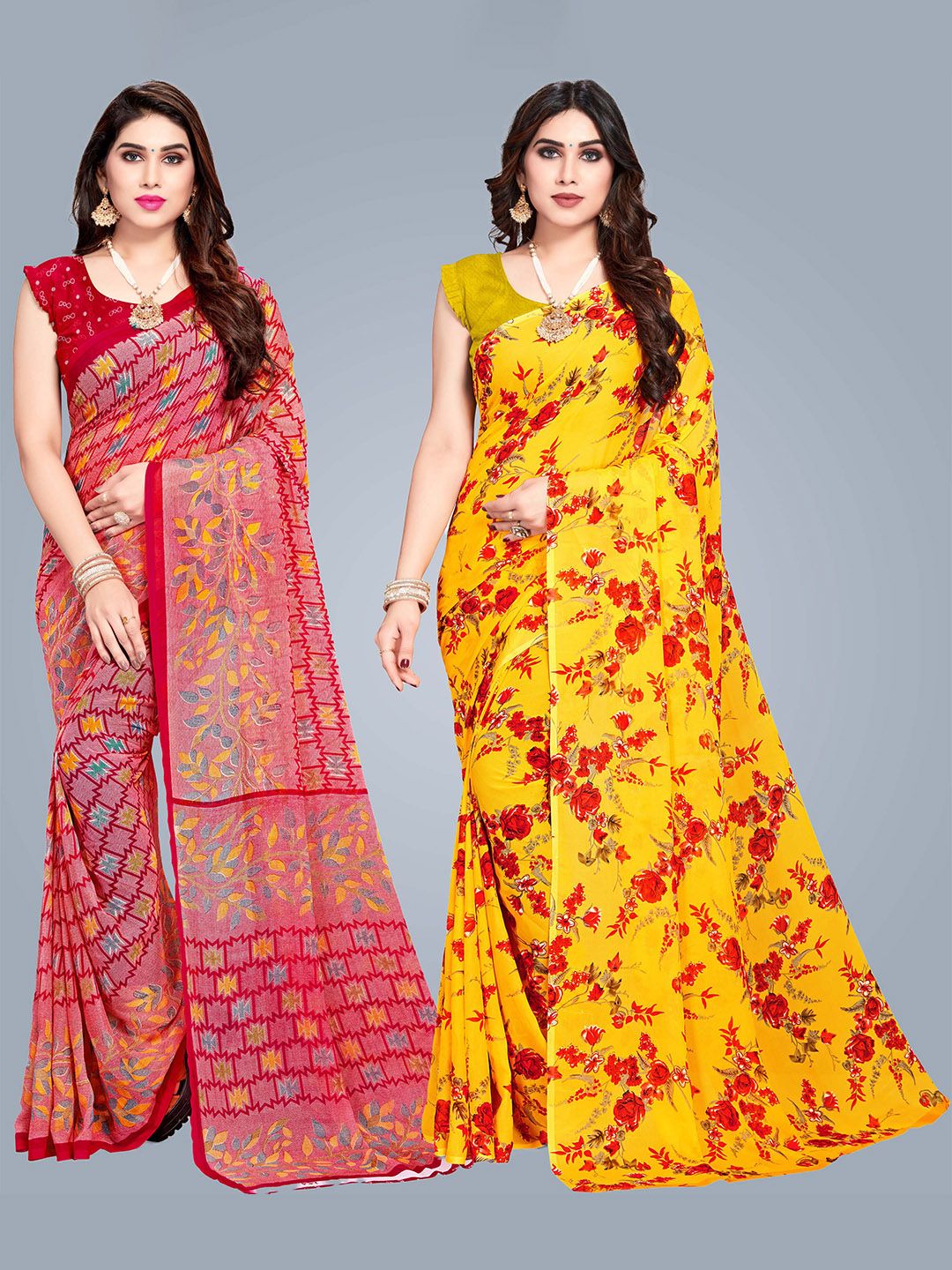 MS RETAIL Multicoloured & Yellow Floral Pure Georgette Saree Price in India