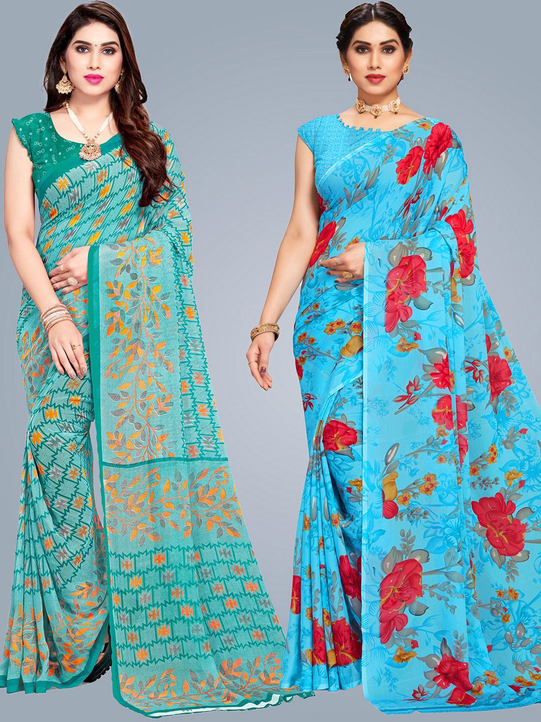 MS RETAIL Green & Blue Floral Pure Georgette Saree Price in India