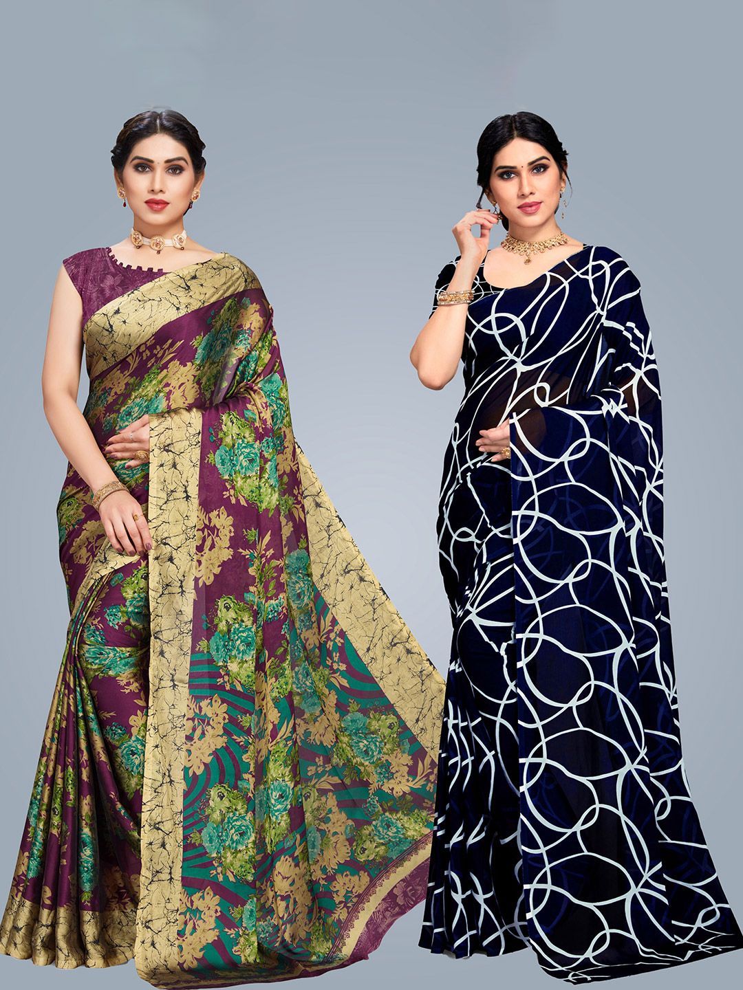 MS RETAIL Navy Blue & White Floral Saree Price in India