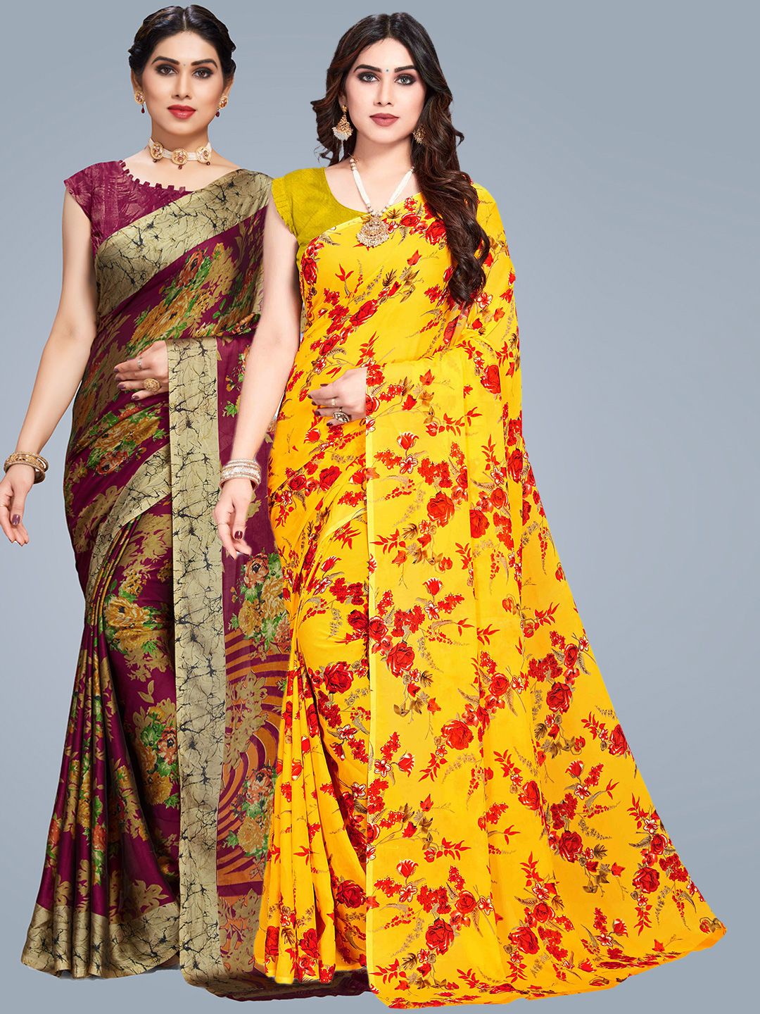 MS RETAIL Yellow & Red Floral Saree Price in India