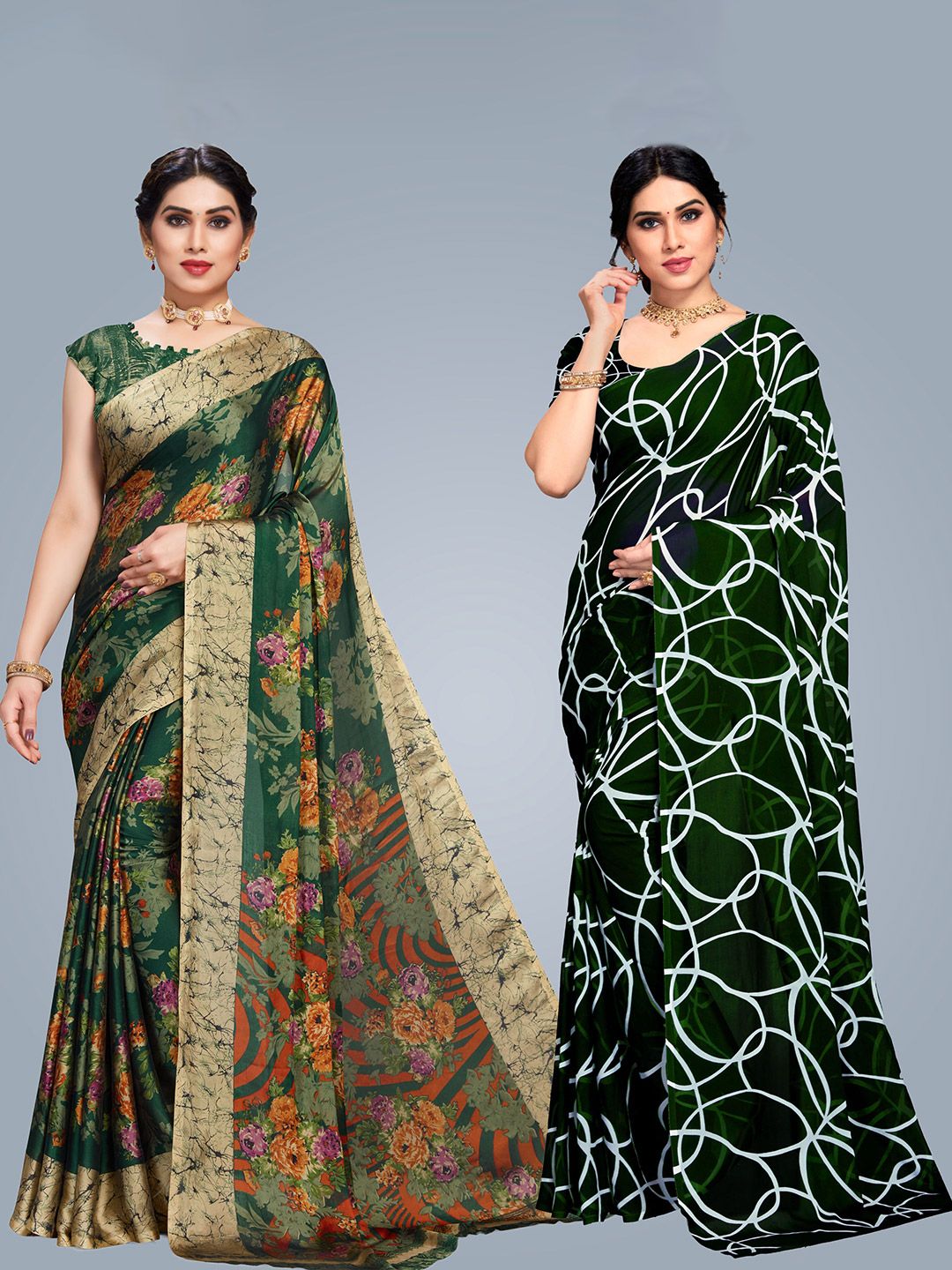 MS RETAIL Green & Navy Blue Floral Saree Price in India