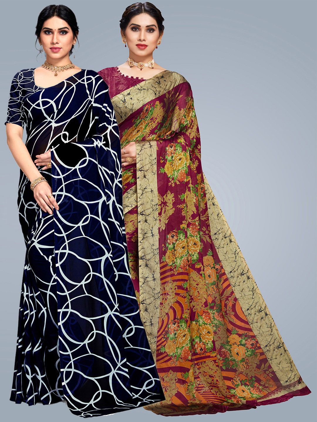 MS RETAIL Maroon & Navy Blue Floral Saree Price in India