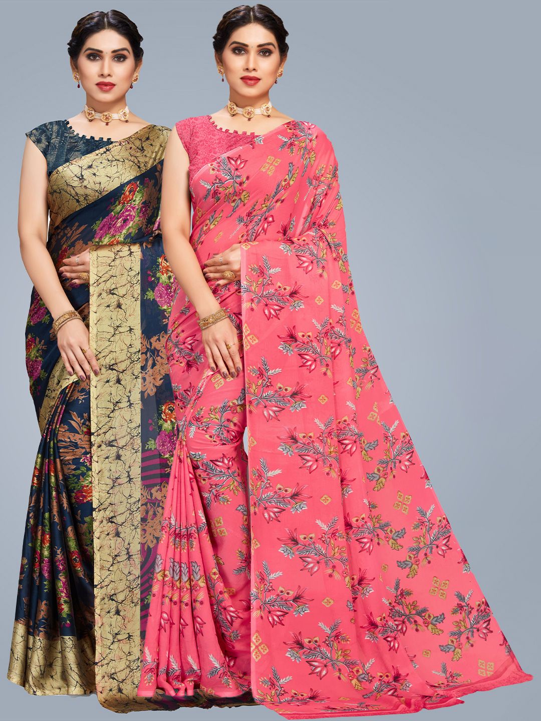 MS RETAIL Navy Blue & Pink Floral Saree Price in India