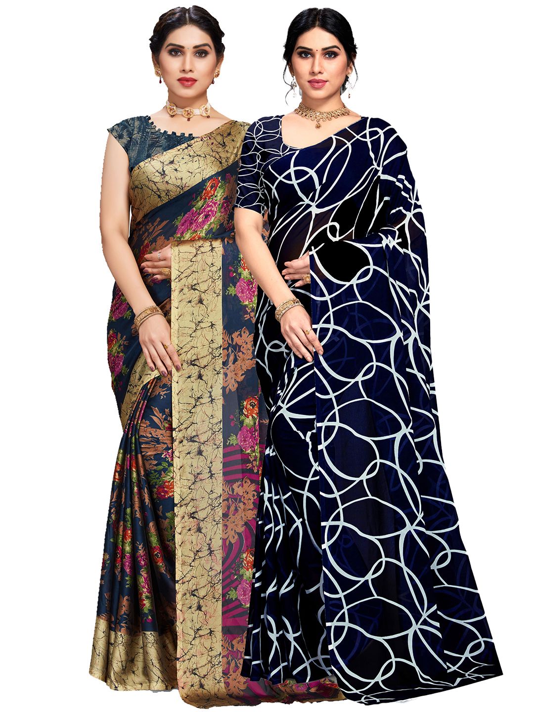 MS RETAIL Navy Blue & White Floral Saree Price in India