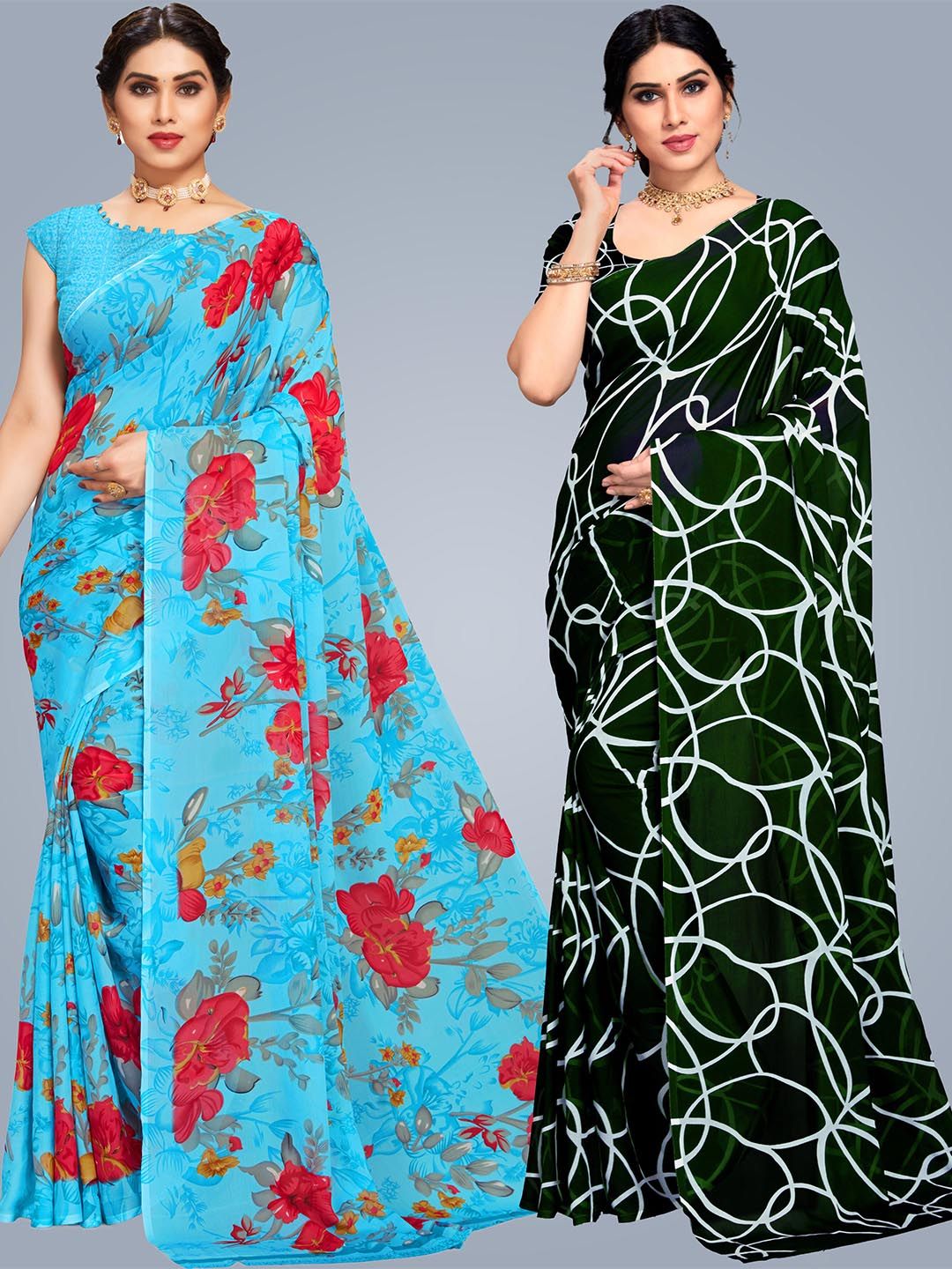 MS RETAIL Blue & Green Floral Pure Georgette Saree Price in India