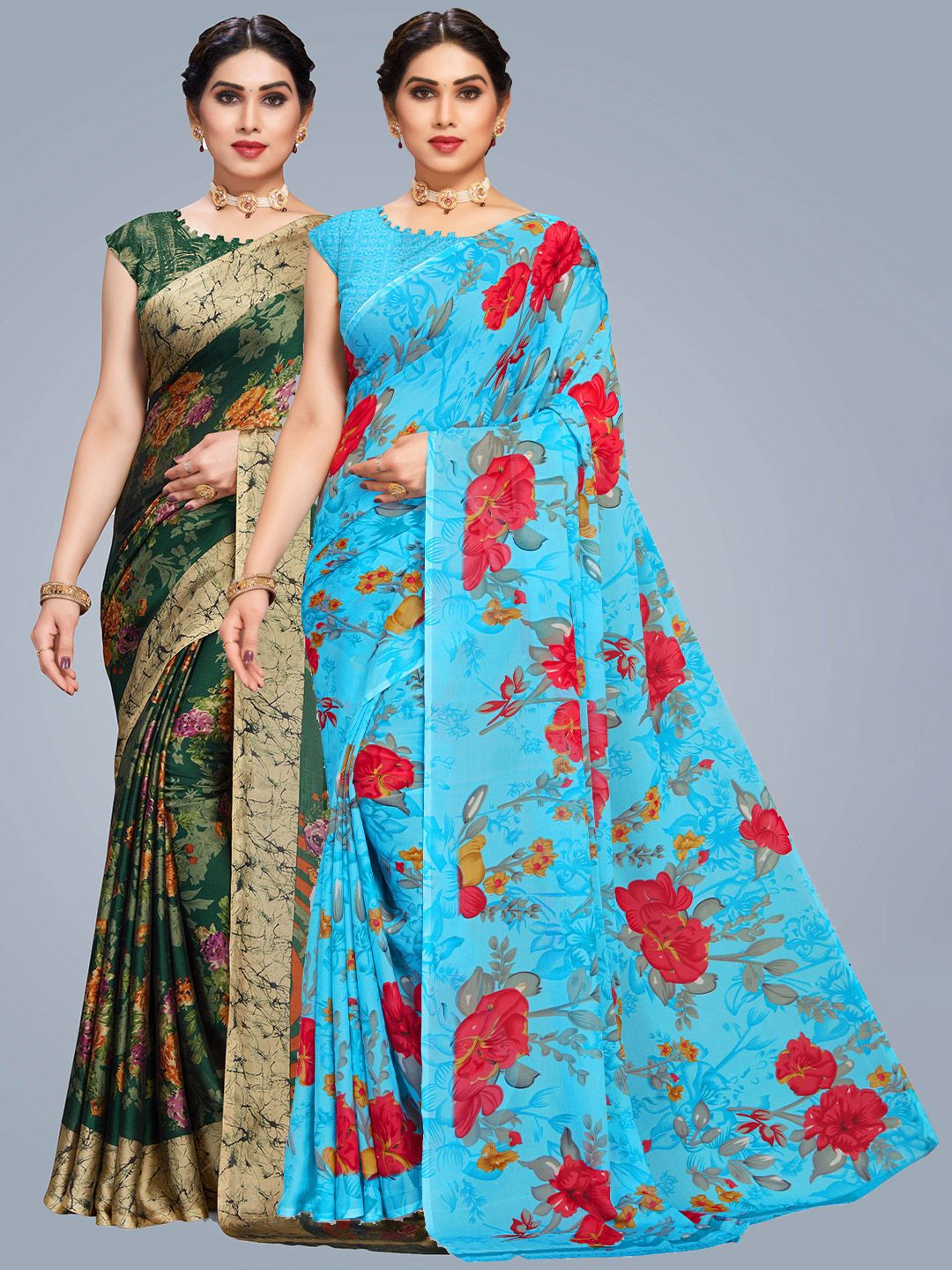 MS RETAIL Green & Blue Floral Saree Price in India