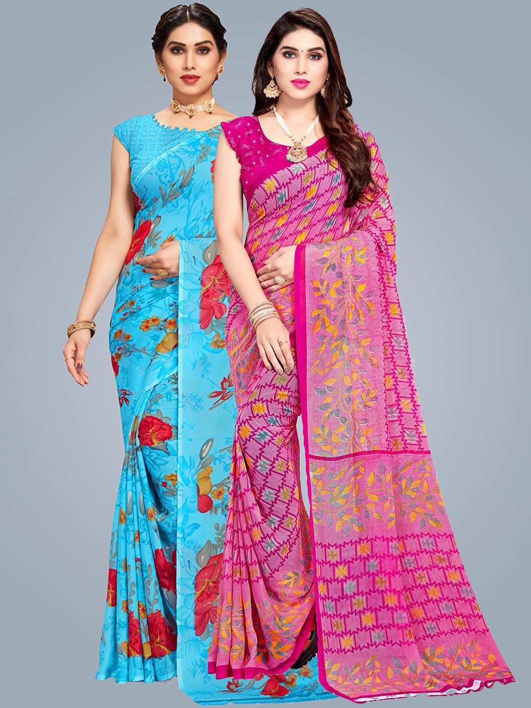 MS RETAIL Blue & Pink Floral Pure Georgette Saree Price in India