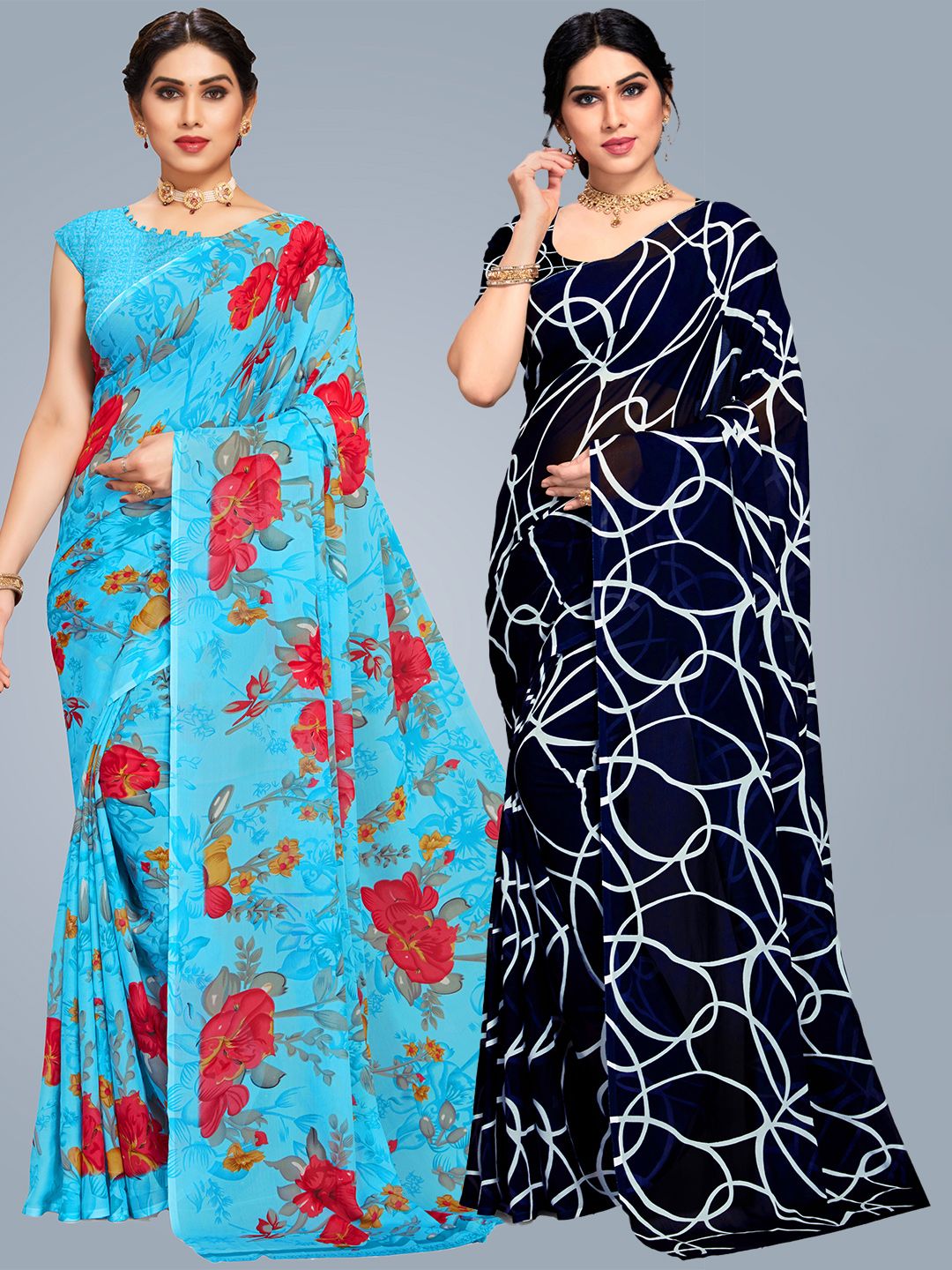MS RETAIL Blue & Black Floral Pure Georgette Saree Price in India