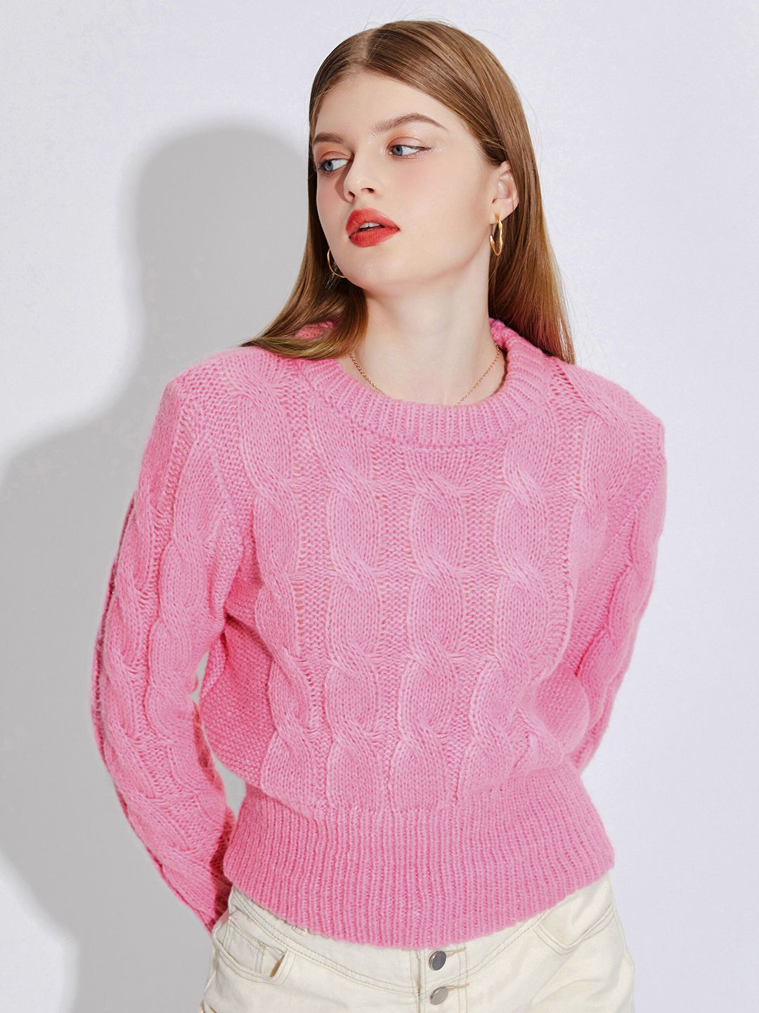 URBANIC Women Pink Cable Knit Pullover Price in India