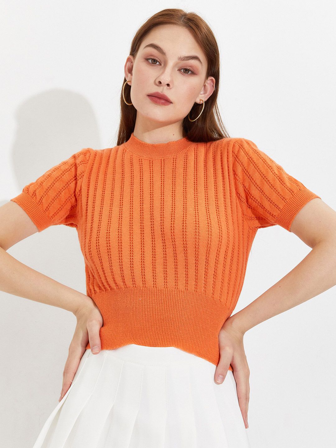 URBANIC Women Orange Striped Sweater Vest Price in India