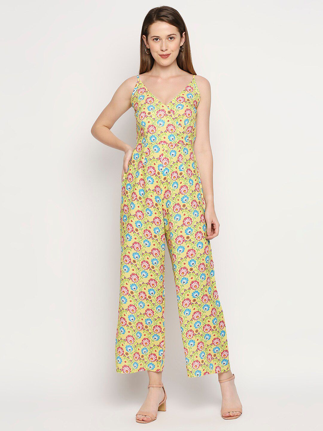 MOD ECRU Yellow & Red Linen Printed Basic Jumpsuit Price in India