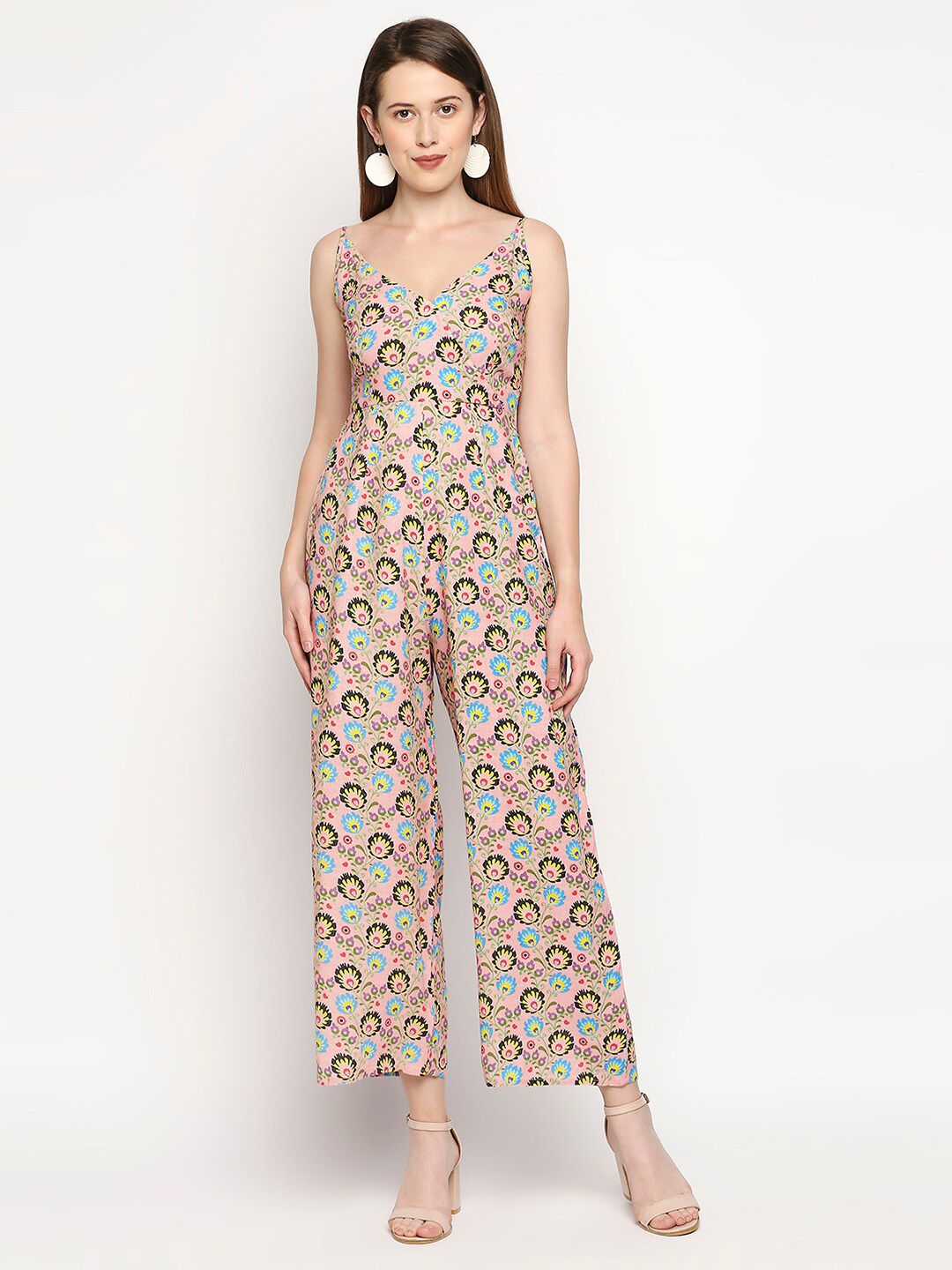 MOD ECRU Pink Linen Printed Basic Jumpsuit Price in India