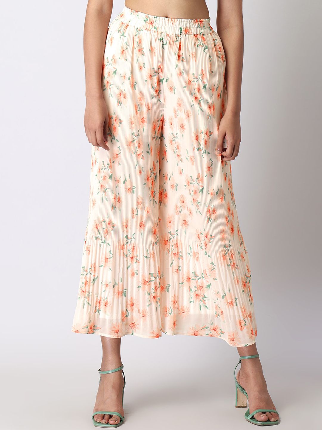 FabAlley Women Peach-Coloured Floral Printed Flared Pleated Culottes Trousers Price in India