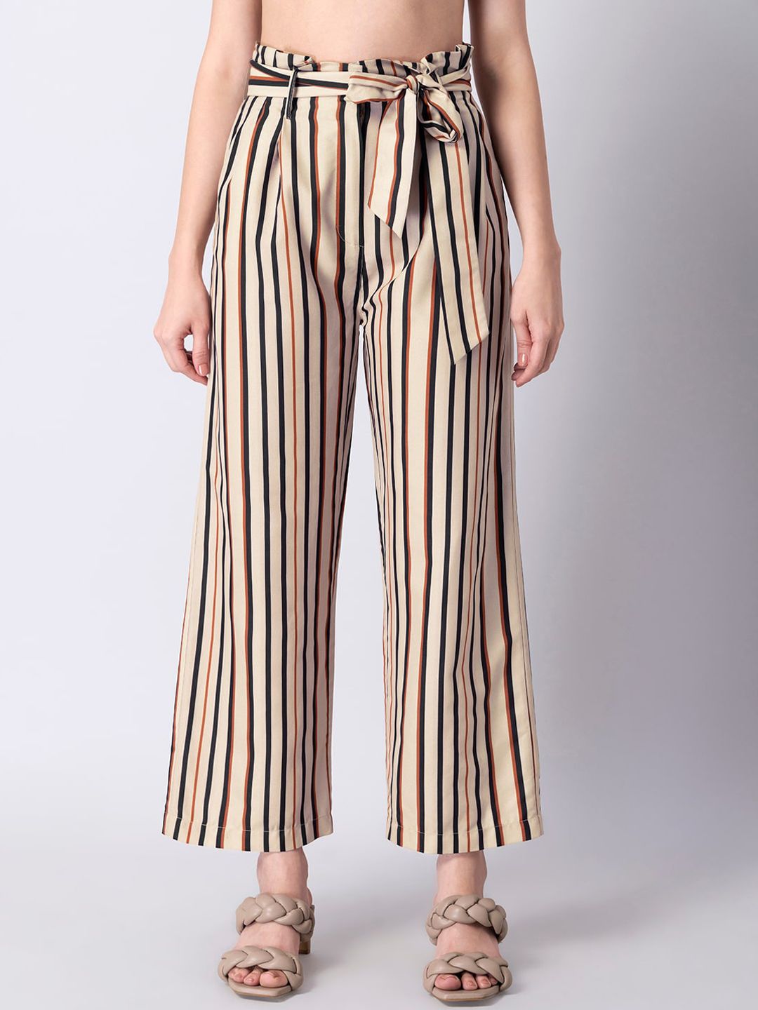 FabAlley Women Beige Striped High-Rise Pleated Trousers Price in India