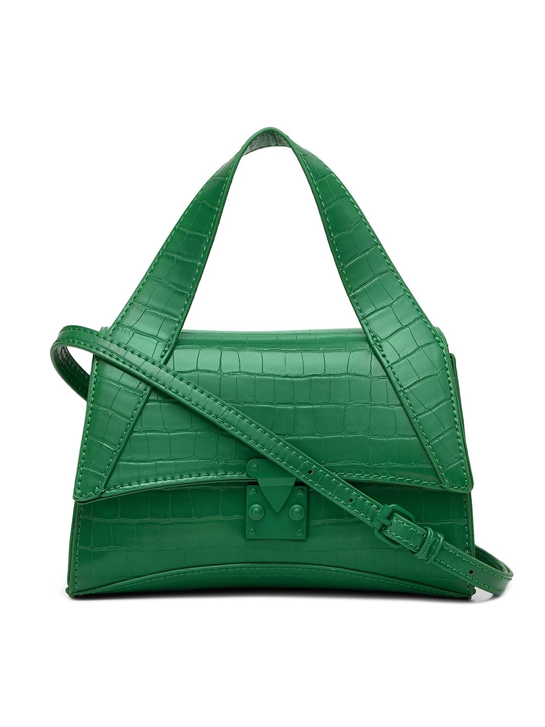 MIRAGGIO Green Croc-Textured Structured Satchel Bag with Sling Strap Price in India