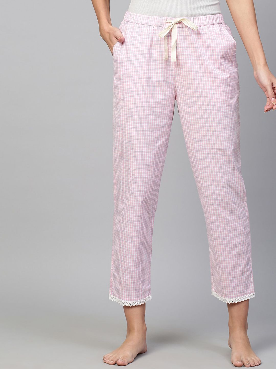 Chemistry Women Pink Checked Cotton Lounge Pants Price in India