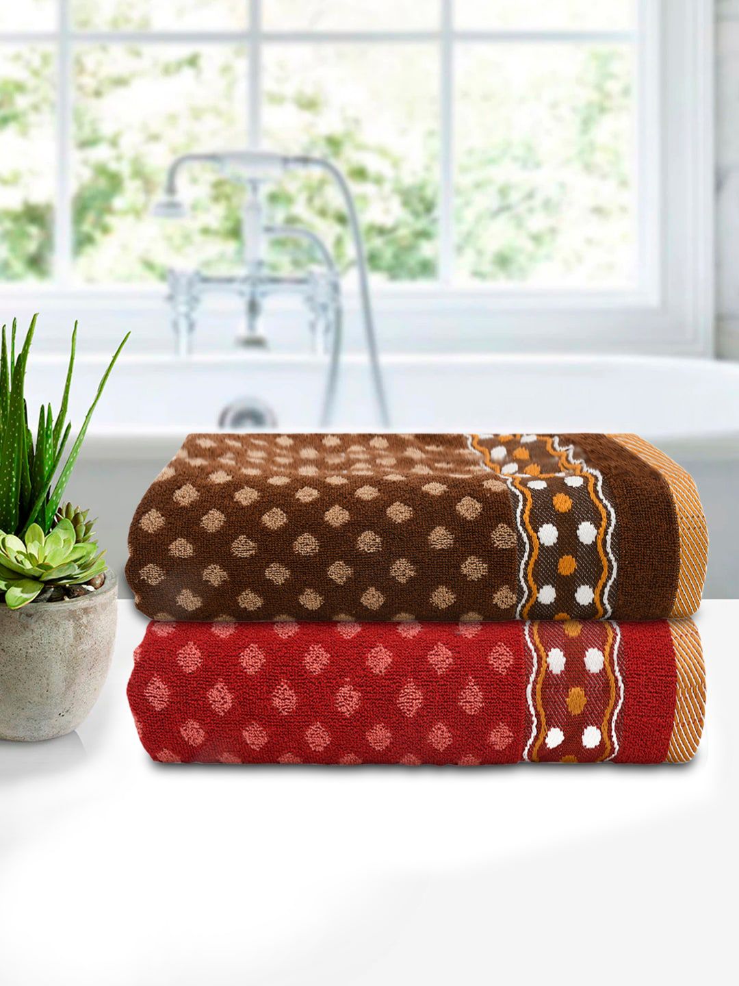 Kuber Industries Pack Of 2 Red & Brown Printed 300 GSM Pure Cotton Bath Towels Price in India