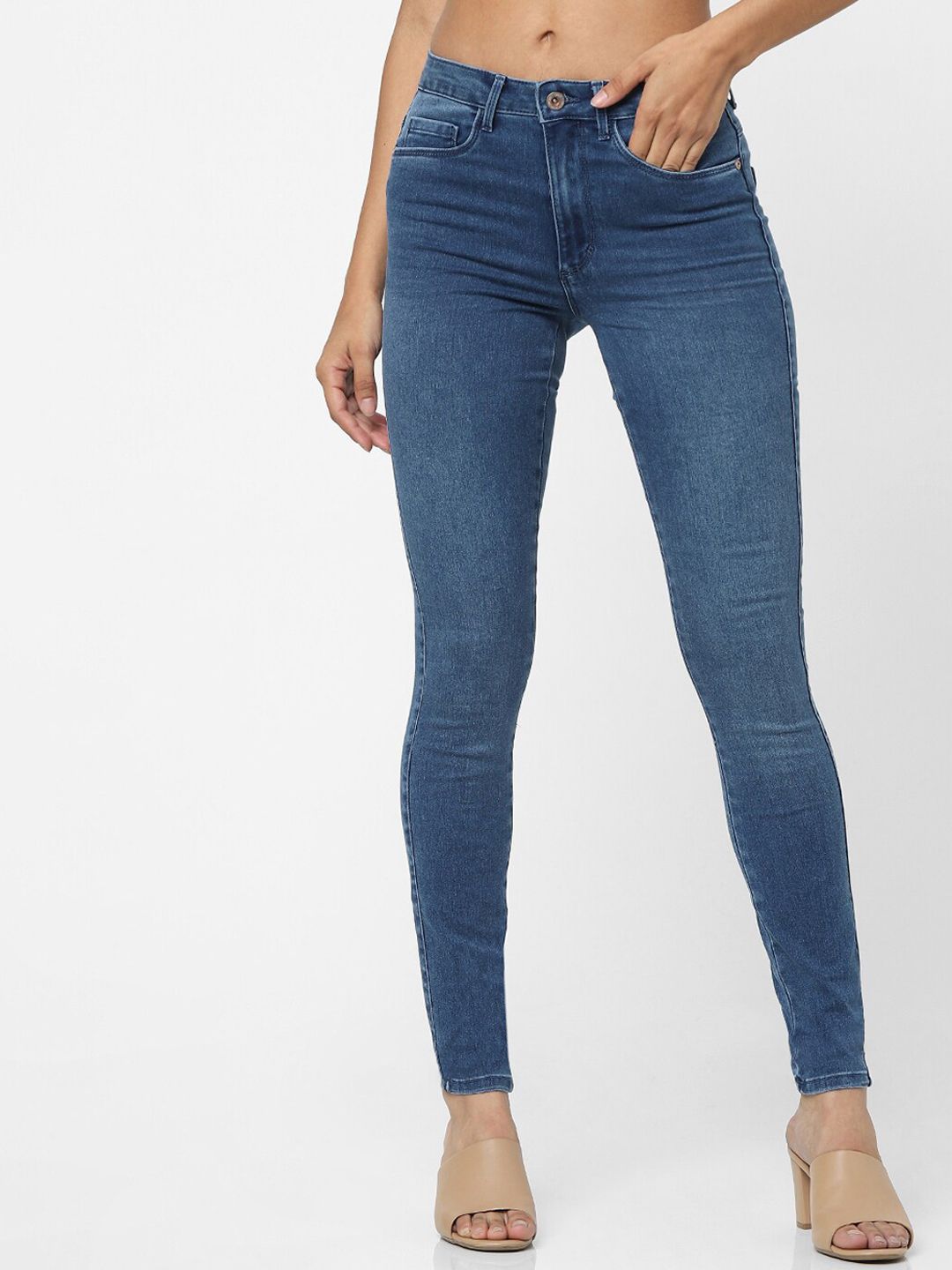 ONLY Women Blue Skinny Fit High-Rise Mildly Distressed Light Fade Jeans Price in India