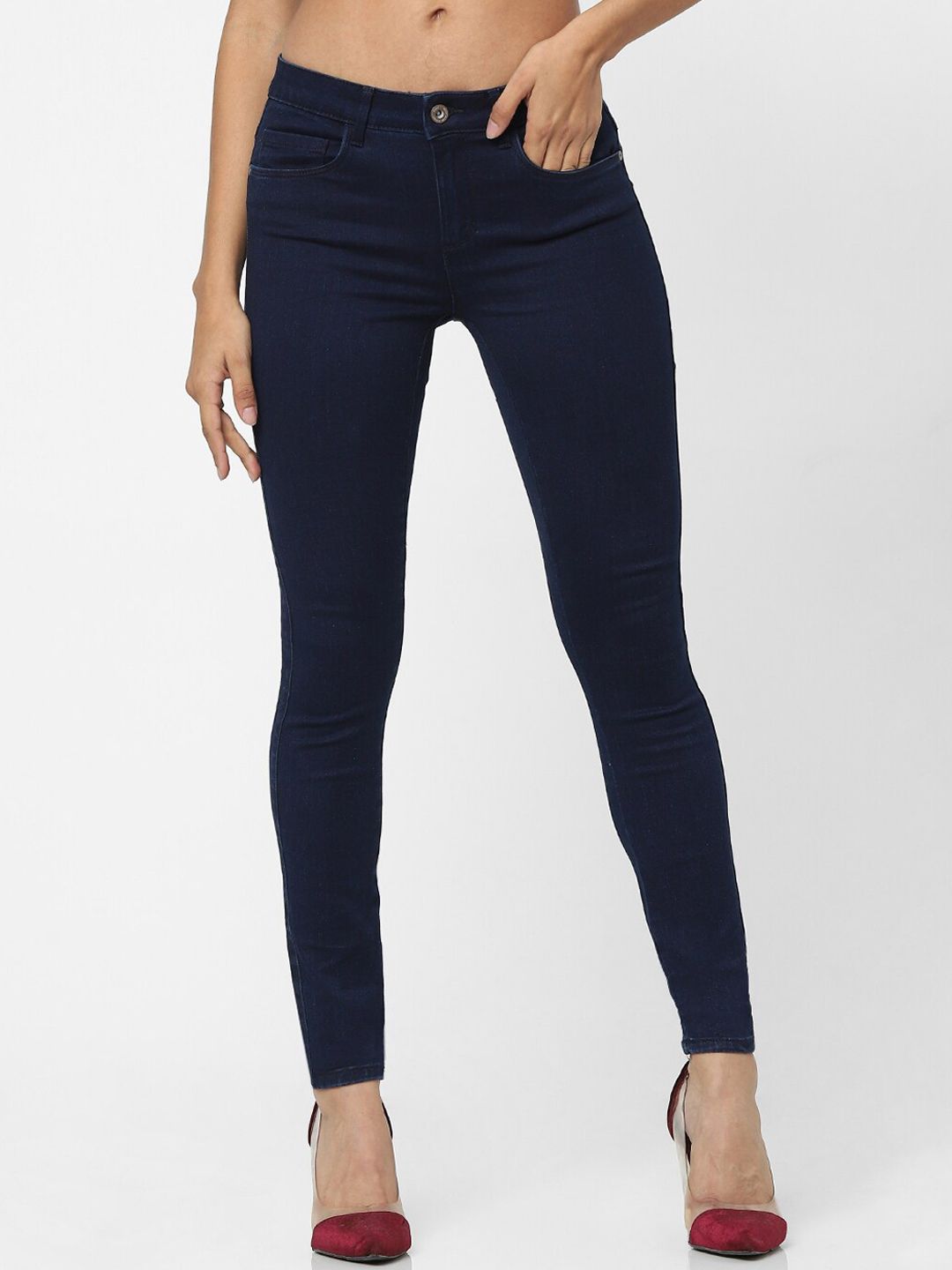 ONLY Women Blue Skinny Fit High-Rise Low Distress Jeans Price in India