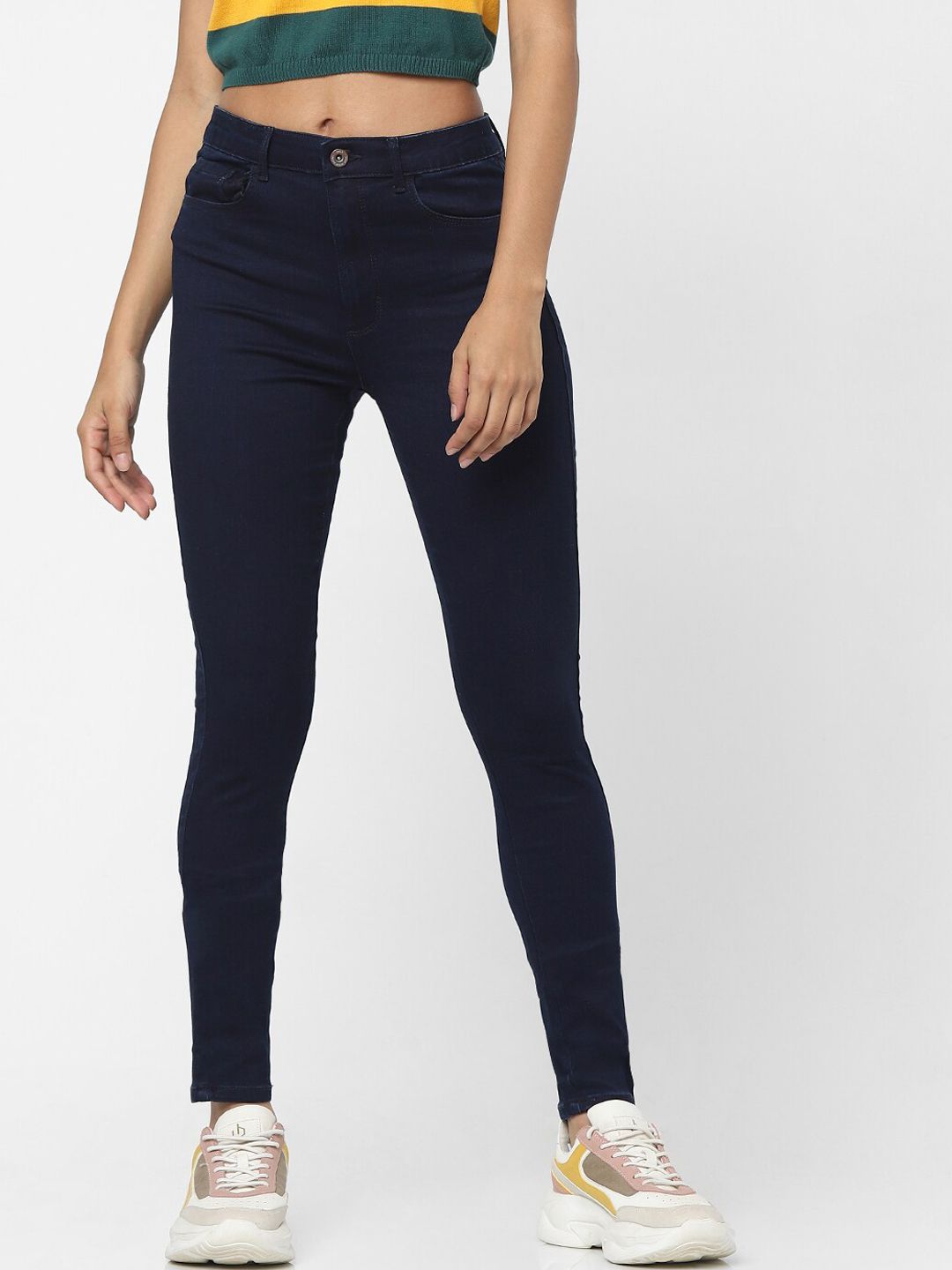 ONLY Women Blue Skinny Fit High-Rise Slash Knee Jeans Price in India