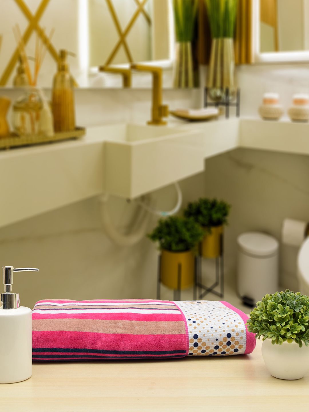RANGOLI  Pink & White Striped Cotton 450 GSM Bath Towels Price in India
